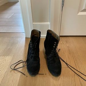 Black suede wedge lace-up ankle boots